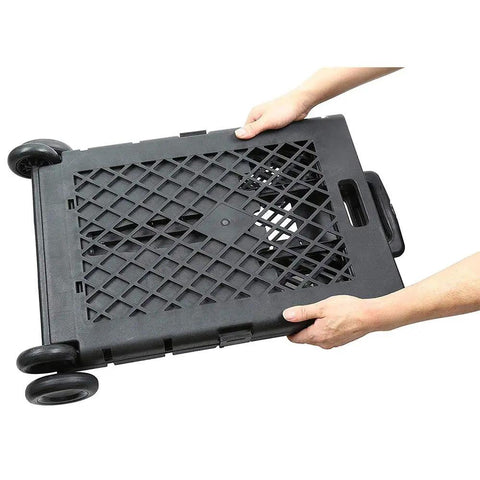 Person holding folded Pack-N-Roll Mesh Portable Tools Carrier 55 lb Load, Folding Cart with telescoping handle and secure lock.