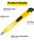 Yellow retractable box cutter with black textured grip and extended steel blade.