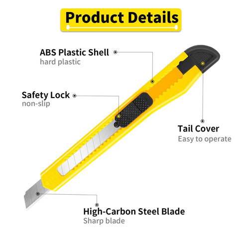 Yellow retractable box cutter with black textured grip and extended steel blade.
