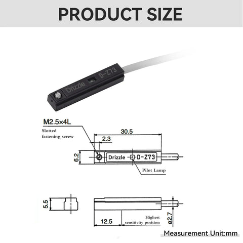 2 Pack D Z73 Magnetic Reed Sensor Proximity Switch For Air Cylinder Induction Switch With Red LED Indicator, 22 mm size diagram