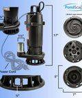 Submersible Grinder Pump For Wastewater And Dirty Water With Built In Debris Macerator System showing dimensions and cord length.