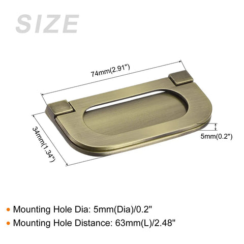 Dimensions of 74mm Ring Pull Handles Set Bronze Zinc Alloy Hidden Recessed Flush Mount Furniture Grips with Screws for Drawers