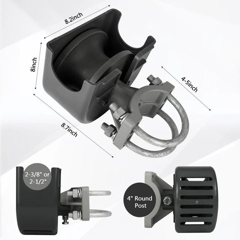 4 Pack Sliding Gate Rollers With Protective Wheel Covers, Nylon Cantilever Rollers for 2 3/8 or 2 1/2 Inch Gate Frames and 4 Inch Round Posts, showing dimensions.