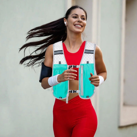 Woman running in Go To Hydration Vest For Running And Trail Gear With Multiple Pockets Lightweight Hydration Backpack