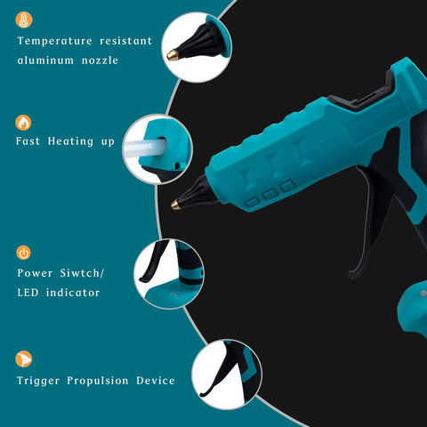 Cordless Hot Glue Gun Compatible With Makita 18V Battery Tool Only shown with features, LED indicator, and aluminum nozzle.