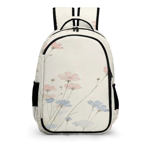 Wildflower Blooms Print Unisex Backpack Large Capacity For School, Travel, And Daily Use with pastel floral design, front view.