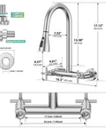 HURRAN Wall Mount Kitchen Faucet with Pull Down Sprayer, Brushed Nickel Kitchen Sink Faucet, 8 Inch 2 Handle with dimensions.
