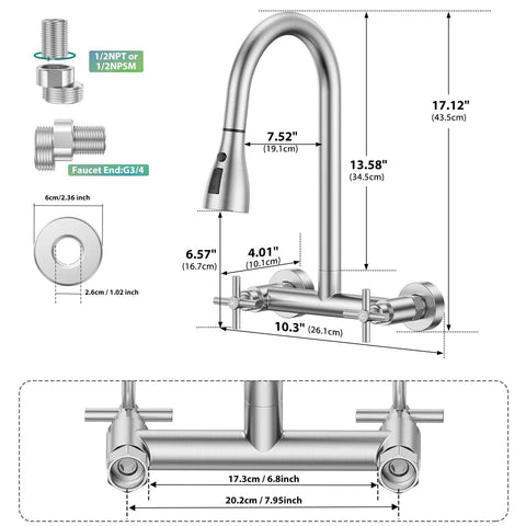 HURRAN Wall Mount Kitchen Faucet with Pull Down Sprayer, Brushed Nickel Kitchen Sink Faucet, 8 Inch 2 Handle with dimensions.