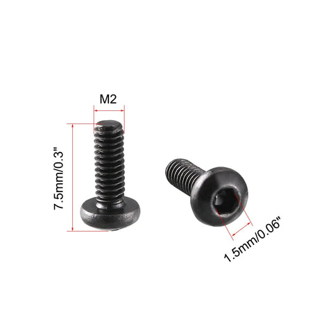 Top Shelf Heavy Duty M2x6mm Button Head Hex Socket Cap Screws, 100 Piece Knockout Pack, Solid 10.9 Grade Alloy Steel Bolts, Black Finish, side view with dimensions