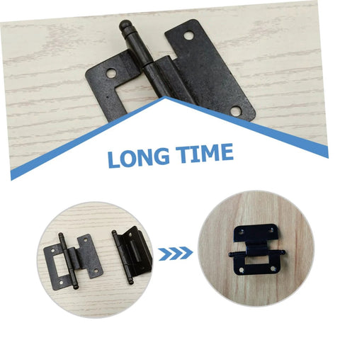 Front view: 10-piece black iron cabinet door hinges with mounting plates and pins