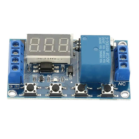 Get In Gear With This Plug And Play Digital Timer Relay Module Featuring A Sharp Led Screen And Dead Simple Settings For Bullseye Timing On Any 6 To 30 Volt Heavy Duty Build - close-up view of digital timer relay module with LED display and blue relay.