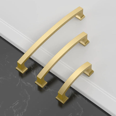 Ten Pack Of Ten Inch Brushed Gold Cabinet Handles For Modern Kitchen Doors And Drawers Premium Solid Pulls shown in three sizes