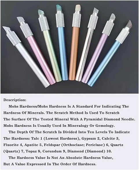 Mohs Hardness Test Pen Kit 2 To 9 Scratch Tester For Industrial Mineral Identification Gem Jade Jewelry Testing Tool With Precision Forged Tips, eight colored pens
