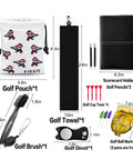 Premium Leather Golf Pouch With Drawstring Closure for Balls and Tees, alongside golf accessories like towel and scorecard holder.