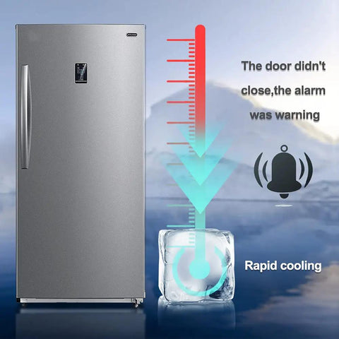 Built Different 18 Cu Ft Upright Freezer And Convertible Fridge With Tempered Glass Shelves Garage Ready, showing alarm feature and icy visuals.
