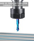 Close-up of 1/2 in compression spiral router bit with nano blue coating and 1/2 in shank, solid carbide.