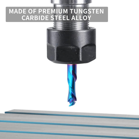 Close-up of 1/2 in compression spiral router bit with nano blue coating and 1/2 in shank, solid carbide.