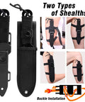 Dive Knife With Holster And Dual Sheath Black Premium Scuba Knife attached to thigh and leg straps showing sheath types