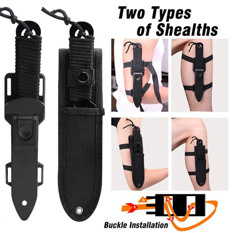 Dive Knife With Holster And Dual Sheath Black Premium Scuba Knife attached to thigh and leg straps showing sheath types