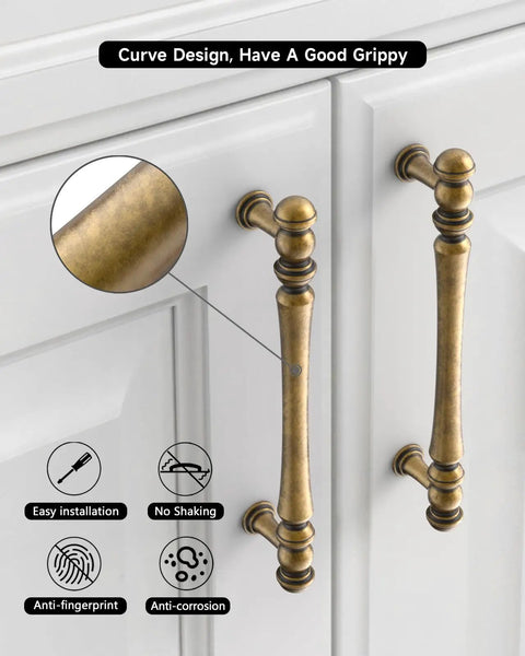 brass dresser hardware 8 Pack Delicate Design Round Antique Kitchen Cabinet Knobs Cupboard Door Knobs 1.18-INCH Yellow Bronze Drawer Handle Pulls Knobs with 8 Pcs Screws for Bathroom Drawer Door 12 Overall Length Antique Brass Cabinet Pulls, 3-Inch,