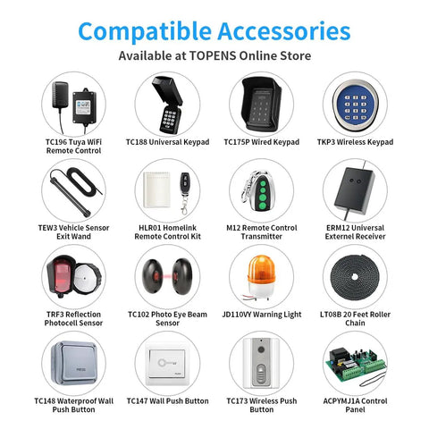 Compatible accessories for Heavy Duty Automatic Sliding Gate Opener CK1200 with Chain Drive, remote controls, keypads, sensors