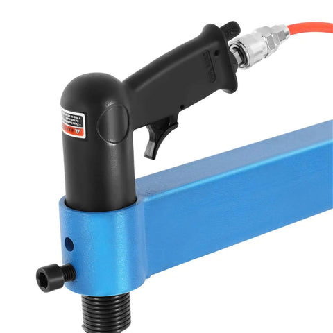 Close-up of the handle on the Planishing Hammer 4 Inch Pneumatic Metal Shaping Machine with air hose attachment for industrial fabrication