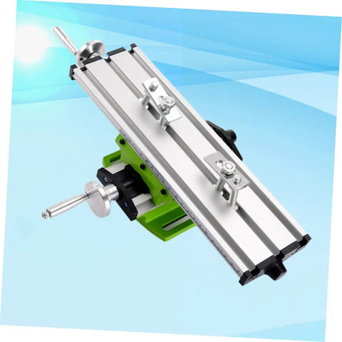 Rock Solid Mini Milling Machine Worktable With Slick Compound Drill Slide Table And Heavy Duty Multifunction Vise Fixture For Bench Drill X Y Axis Precision, detailed view of the aluminum body and hand wheels.