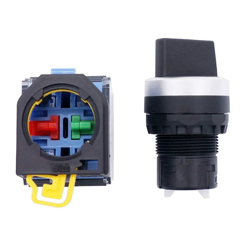 Front and side view of Twenty Two Millimeter Latching Rotary Selector Switch LA38-11X Two Pole DPST 440V 10A, industrial use.