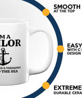 11oz white ceramic coffee mug "I'm a Sailor" with anchor design, featuring smooth top and easy-grip C handle. Ideal sailor gift.