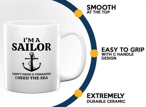 11oz white ceramic coffee mug "I'm a Sailor" with anchor design, featuring smooth top and easy-grip C handle. Ideal sailor gift.