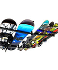 Adjustable Ceiling Ski And Snowboard Rack For Overhead Storage Double Sided Heavy Duty Steel Mount Holds Up To 150 Lbs With 10 To 18 Inches Of Clearance For Skis Snowboards Poles And Gear, installed and loaded with skis and snowboards