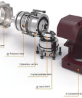 Exploded view of Top Shelf Right Angle Planetary Reducer Gearbox With Helical Gears And Heckin Precise 9 Arcmin Accuracy Offering A Solid 15 To 100 Reduction Ratio Perfect For 400 Watt AC Servo Motors With 14mm Input Shafts.
