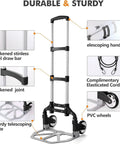 Lightweight folding telescoping hand truck with sturdy build, featuring a thickened joint, PVC wheels, and complimentary elasticated cord.