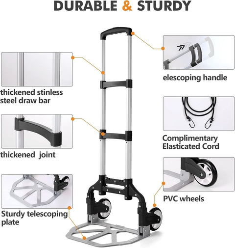 Lightweight folding telescoping hand truck with sturdy build, featuring a thickened joint, PVC wheels, and complimentary elasticated cord.