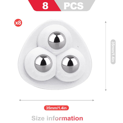 Eight Piece Self Adhesive Caster Wheels That Roll Like A Dream With 360 Degree Swivel Mini Appliance Rollers No Sweat Peel And Stick Track Mounts For Counters And Furniture In Bright White, showing three caster wheels design.
