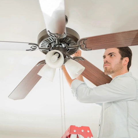Top Shelf 30 Piece Ceiling Fan Blade Screws 1/4 20 X 3/8 Inch Carbon Steel Phillips Pan Head replacement fasteners in use.