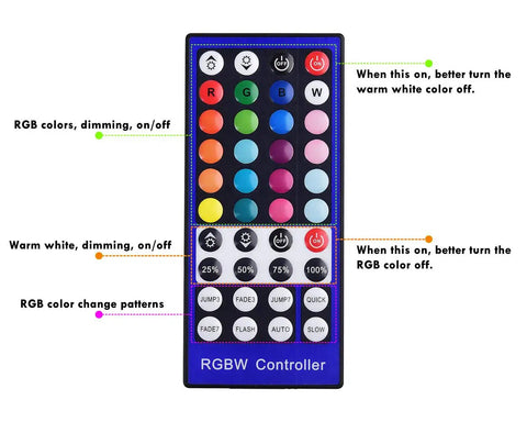 Remote control for RGBWW Under Cabinet Puck Light Kit with Daisy Chain Link, Remote Dimmer, Multi Color Warm White Ambiance options.