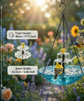3 Tier Solar Powered Hanging Bird Bath Fountain With Blue Bowl For Hummingbirds, Outdoor Garden Patio Yard Decor That Delivers Chill Water Cascade, No Wires, No Batteries with two birds