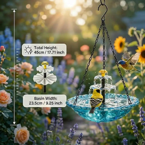 3 Tier Solar Powered Hanging Bird Bath Fountain With Blue Bowl For Hummingbirds, Outdoor Garden Patio Yard Decor That Delivers Chill Water Cascade, No Wires, No Batteries with two birds