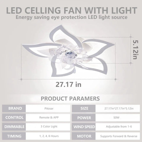 Diagram of 27.17 inch 2 In 1 Modern Ceiling Fan With Lights Remote App Control Flush Mount LED Dimmable Lighting White Finish