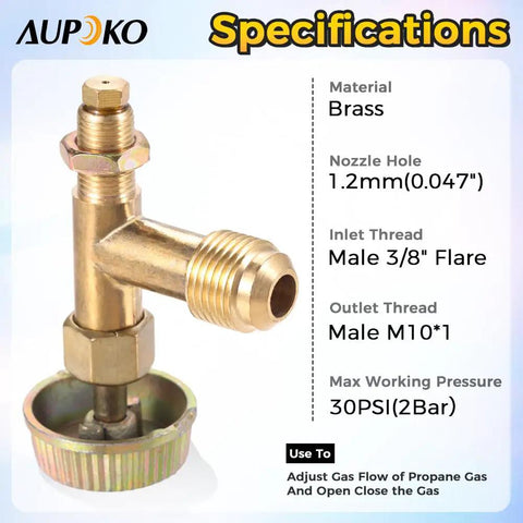 Brass Propane Gas Control Valve With 3/8 Inch Male Flare Thread And M10x1 Metric Thread, High Pressure Needle Valve on white background
