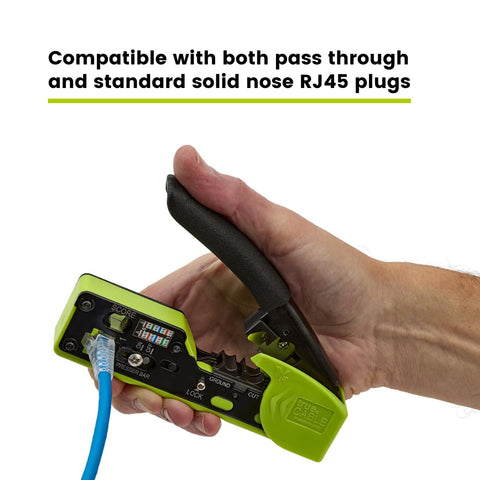 All In One RJ45 Crimp Tool For Pass Through Connectors, Cut, Score, And Strip, Works With Cat5e, Cat6, Cat6A Shielded