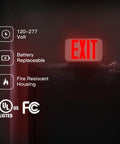 Image showing Six Pack Red Double Sided LED Exit Signs With Battery Backup For Businesses No-Brainer Install above a door with icons.