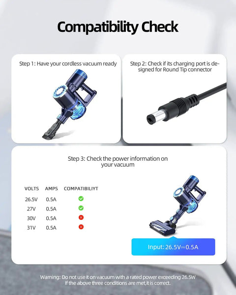 Sweet Upgrade 26V Replacement Charger For Cordless Vacuum Cleaner Battery Power Adapter 1 Amp Input compatibility check steps and vacuum image