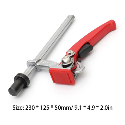Hold Down Clamp With Quick Acting Ratchet For Woodworking Benches And Desktop Clips Built Tough As Nails From Alloy Steel And Zinc Alloy 19mm Column Options For A Fixed Secure Grip And Reliable Bench Dog Performance, shown at an angle displaying red handle and ratchet mechanism