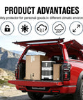 Red truck with Hard Shell Truck Cap Camper Topper With Locking T Handle Security, loaded with boxes, rugged cargo shelter.