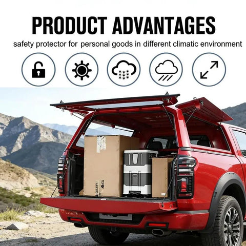 Red truck with Hard Shell Truck Cap Camper Topper With Locking T Handle Security, loaded with boxes, rugged cargo shelter.