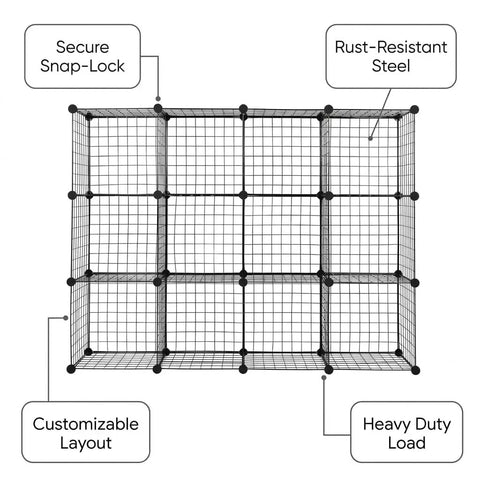 20 Grid Wire Mesh Storage Organizer With Interlocking Cube Panels For Tool Sorting Gear Tidy And Closet Makeovers Black Rack showing customizable layout and rust-resistant steel.