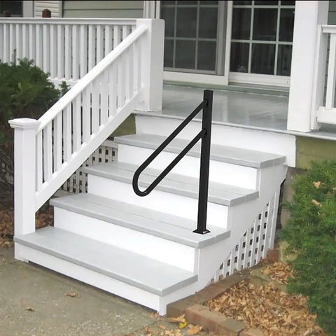 Sturdy Metal Outdoor Stair Handrail For One To Three Steps Single Post Wrought Iron Design Matte Black Rust Proof Railing Perfect For Garage Stairs And Home Entryways Built Tough With Easy Install on white steps