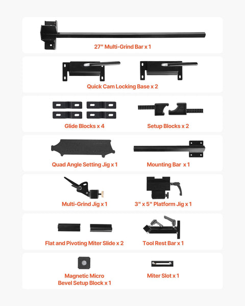 Components of Shop Ready Multi Grind Sharpening Jig For 6 Inch And 8 Inch Bench Grinders With Platform Jig Tool Rest Bar